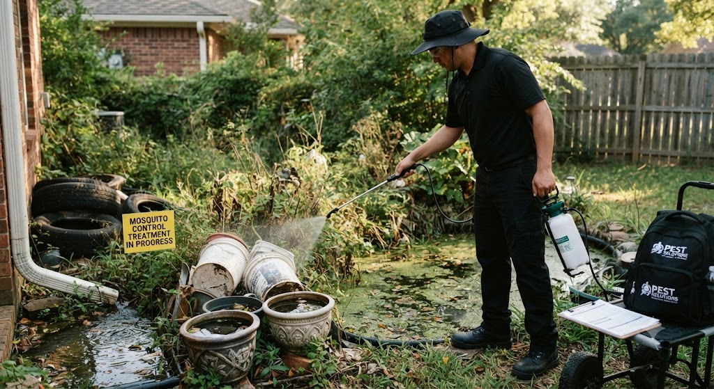 Pest control technician treating a backyard water feature for mosquito control