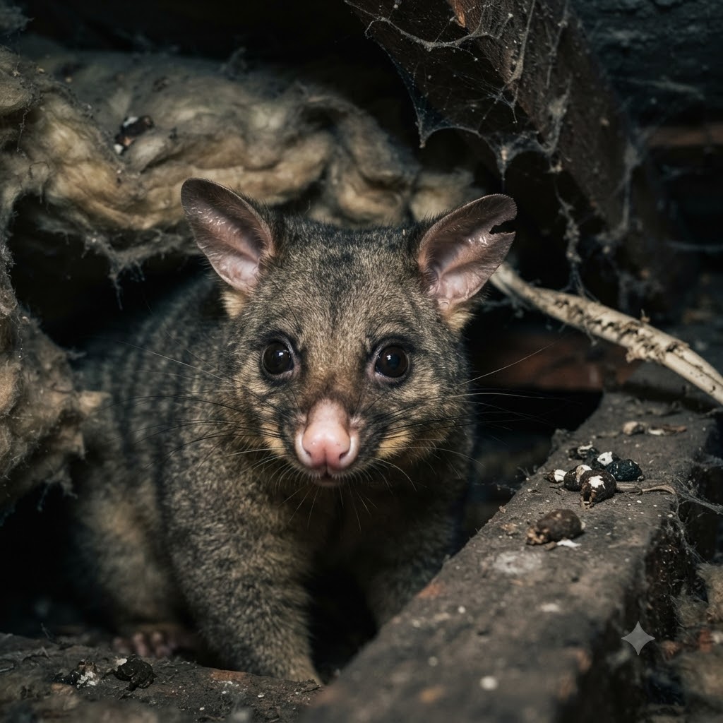 Common brushtail possum peering out from a Sydney roof cavity
