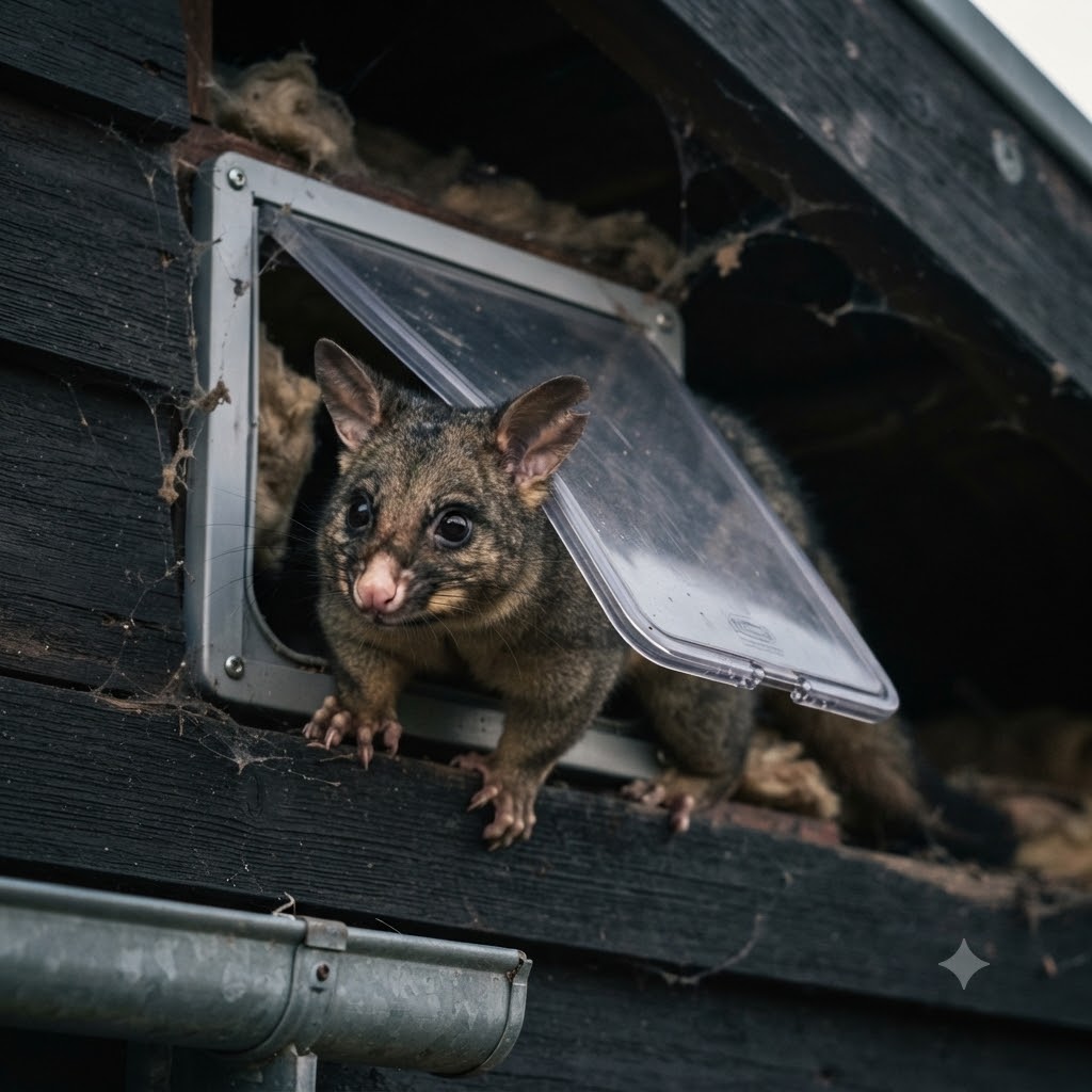 Possum exiting a roof void through an installed one-way exclusion door