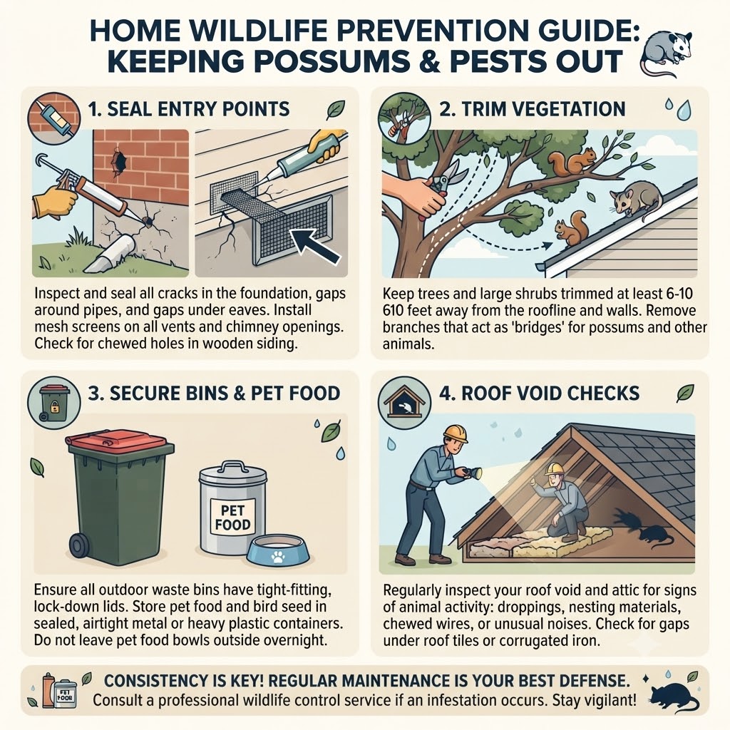 Possum and wildlife prevention tips infographic for sealing entry points and securing food sources