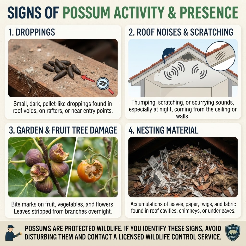 Signs of possum activity including droppings, roof scratching noises, garden damage and nesting material