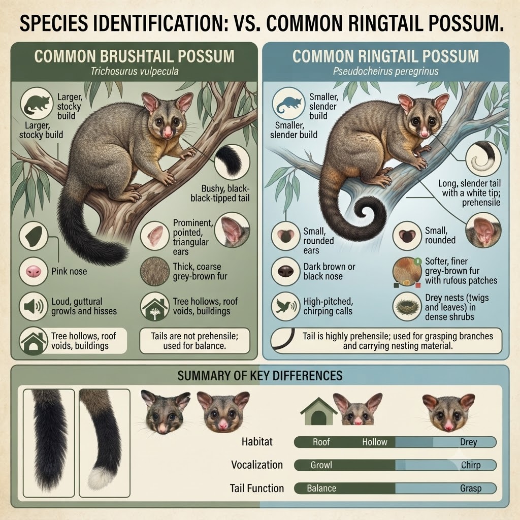 Species identification guide comparing common brushtail possum and common ringtail possum