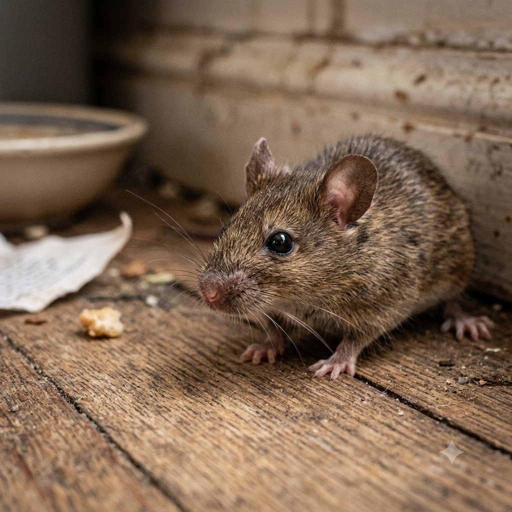 Close-up of a house mouse foraging near a food bowl and crumbs on a wooden floor