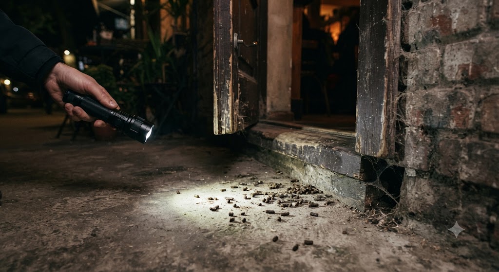 Technician using a flashlight to inspect a rodent entry point and droppings at a building foundation gap