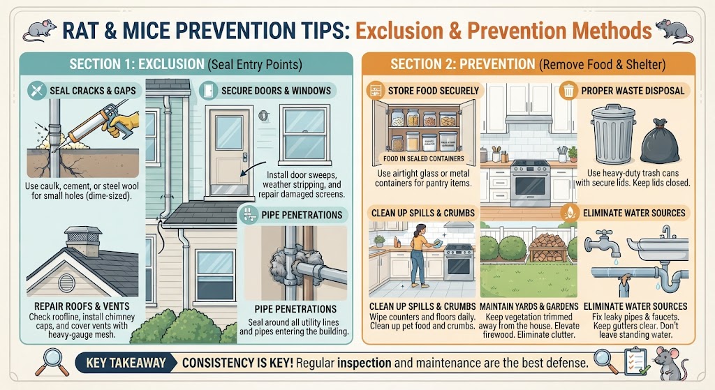 Infographic with rat and mice prevention tips covering exclusion of entry points and removal of food and water sources