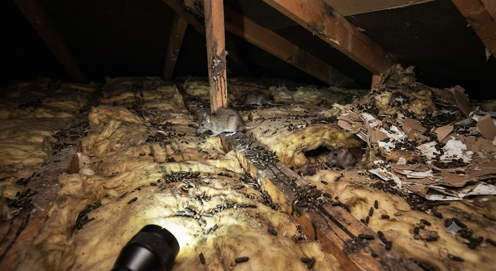 Severe rat and mouse infestation in a roof void insulation with rodents and droppings visible