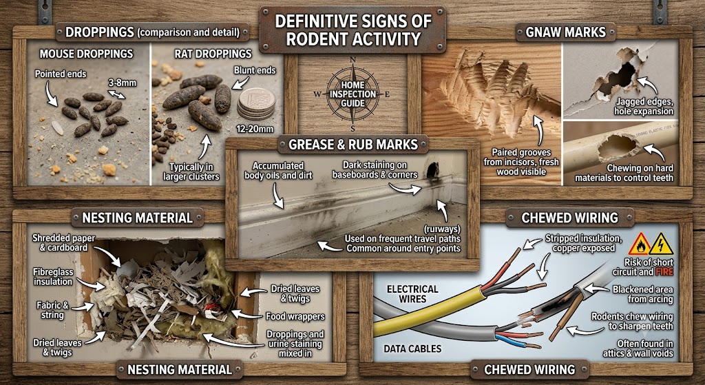Collage of definitive signs of rodent activity including droppings, gnaw marks, grease and rub marks, nesting material and chewed electrical wiring