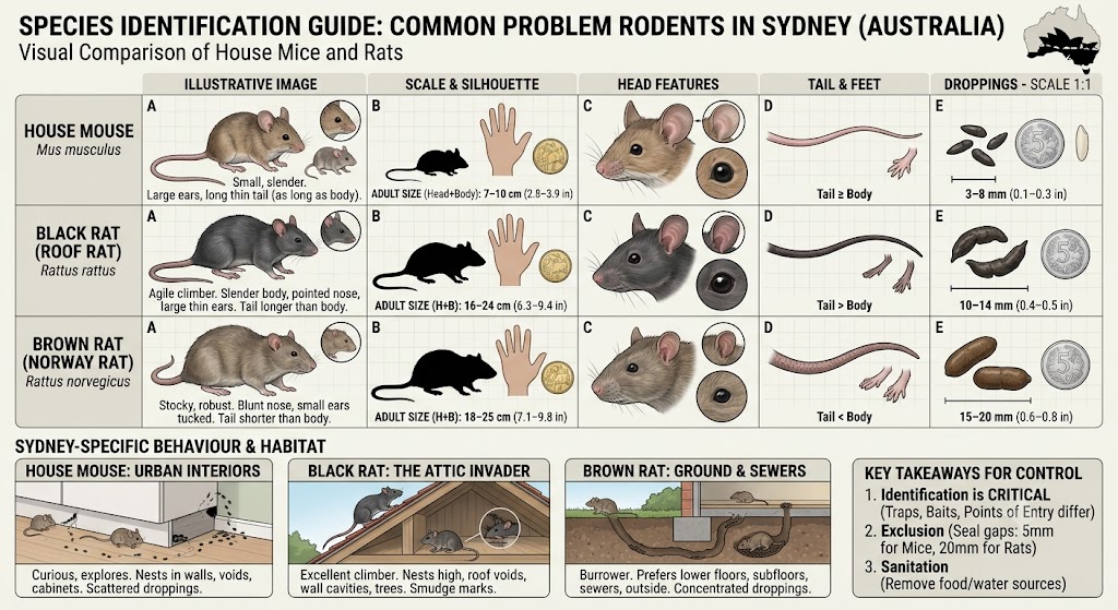 Species identification guide comparing house mouse, black rat (roof rat) and brown rat (Norway rat) by size, features, tail and droppings