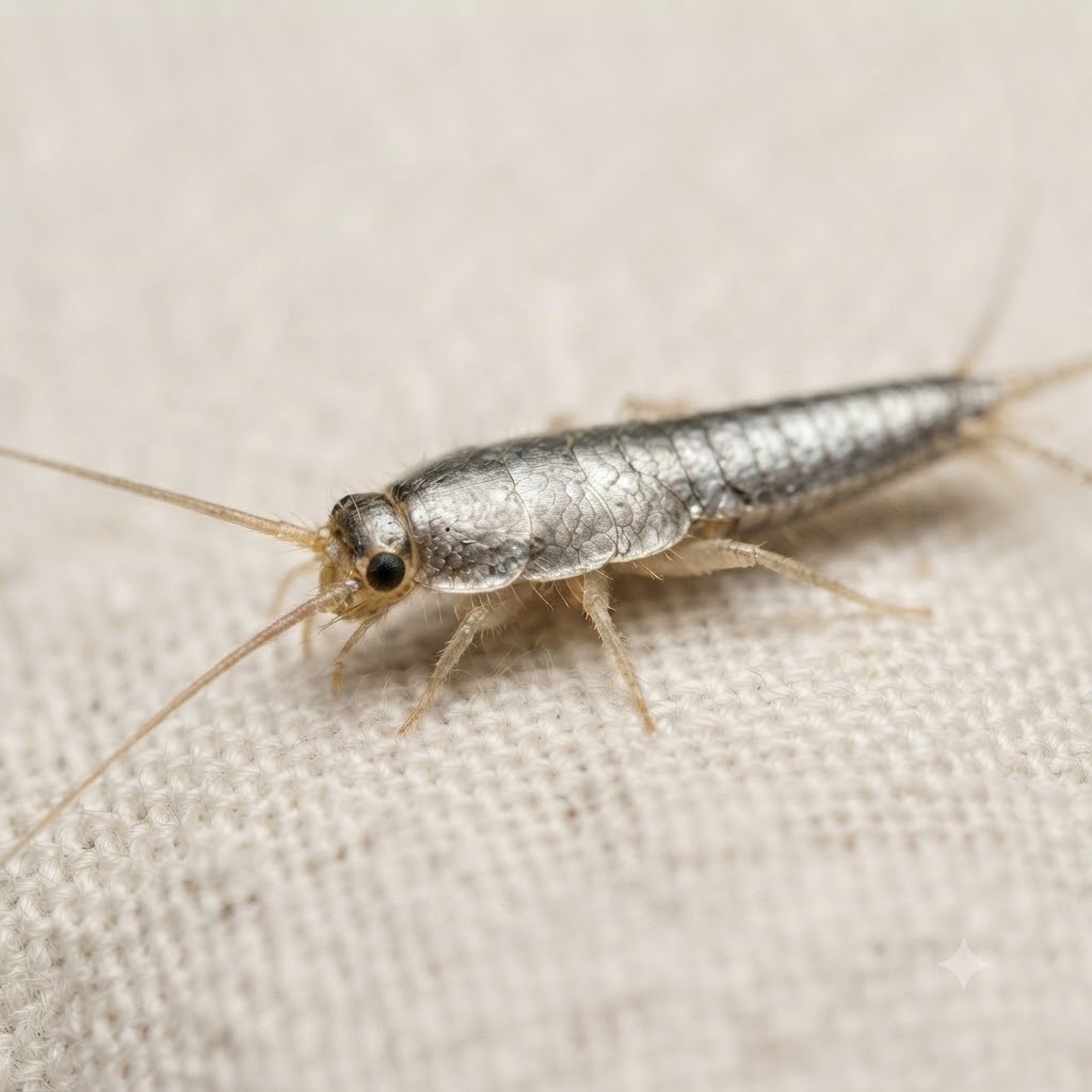 Close-up of a silverfish on fabric