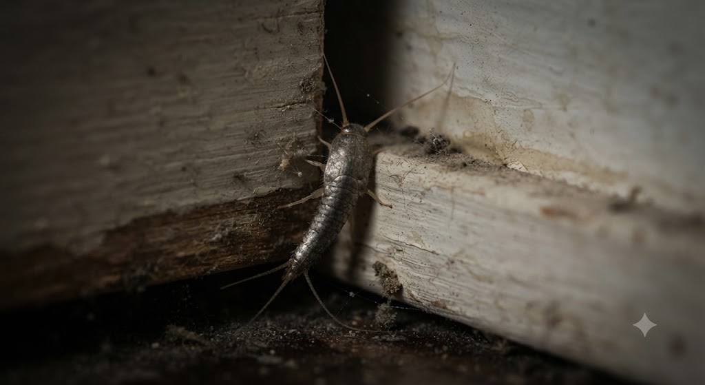 Technician inspecting a common silverfish harbourage point along a skirting board