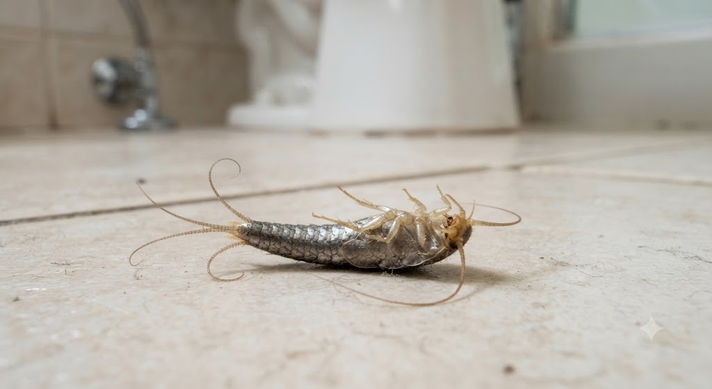 Live silverfish found on a bathroom floor, a common hiding spot due to humidity