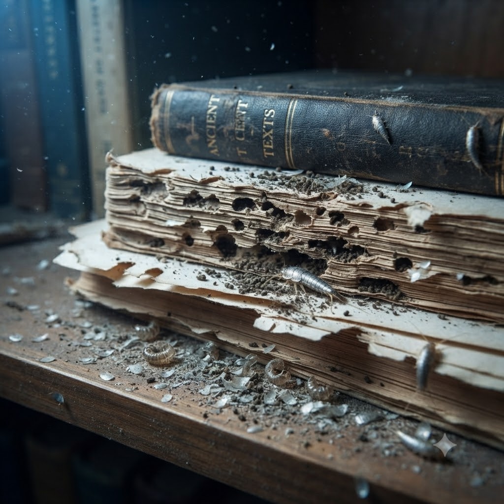 Silverfish damage to old books, showing chewed pages and shed scales