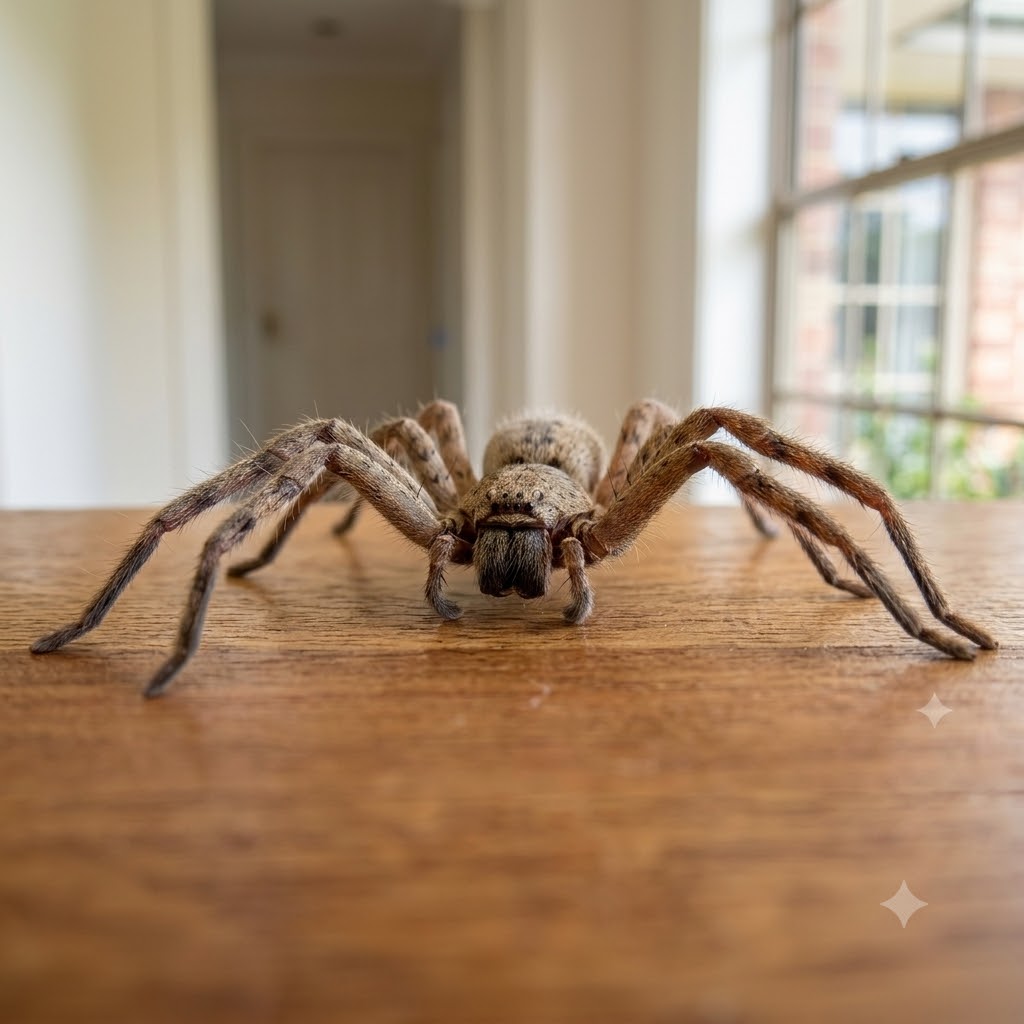 Close-up of a huntsman spider indoors on a wooden floor