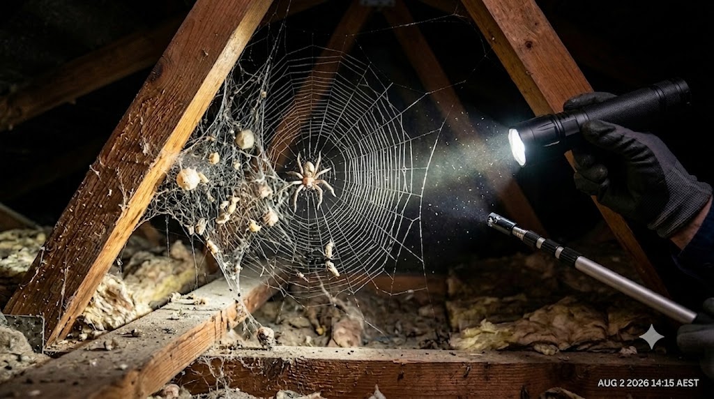 Torch inspection of a spider web and egg sacs in a roof void