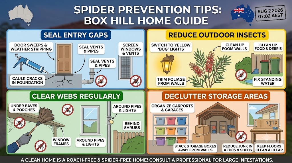 Infographic showing spider prevention tips: seal entry gaps, reduce outdoor insects, clear webs regularly, declutter storage areas