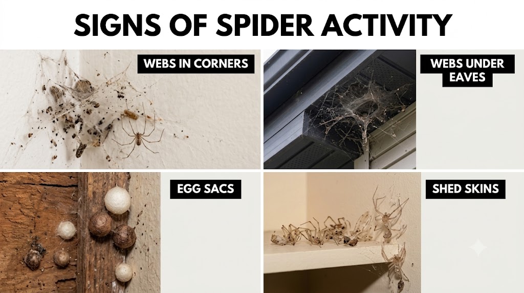 Signs of spider activity including webs in corners, webs under eaves, egg sacs, and shed skins