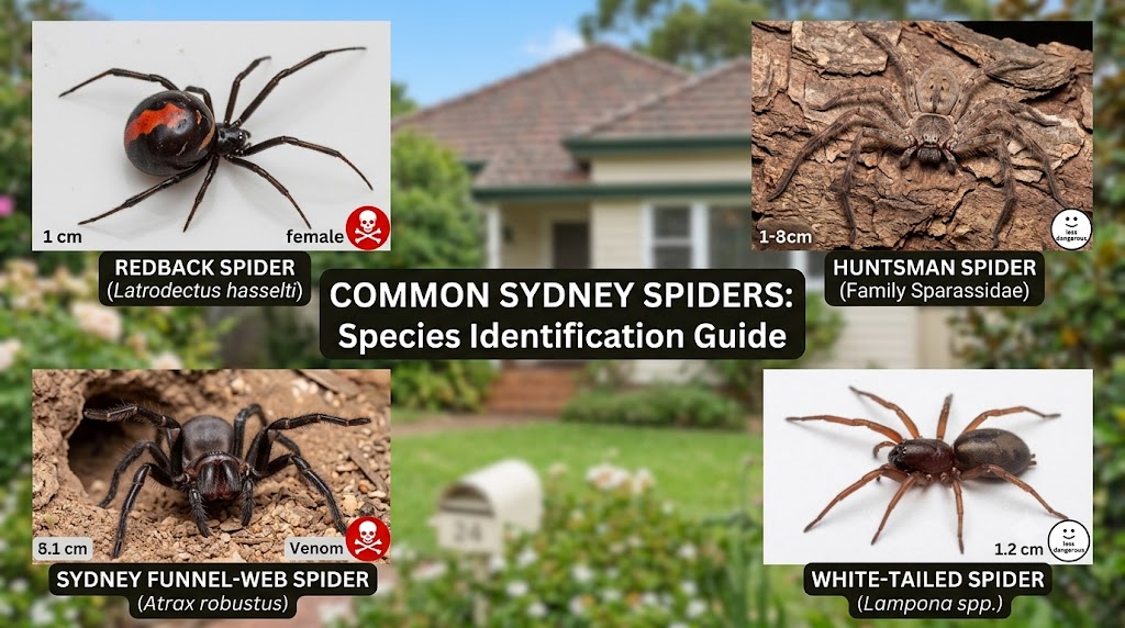 Identification guide for common Sydney spiders: redback, huntsman, Sydney funnel-web, and white-tailed spider