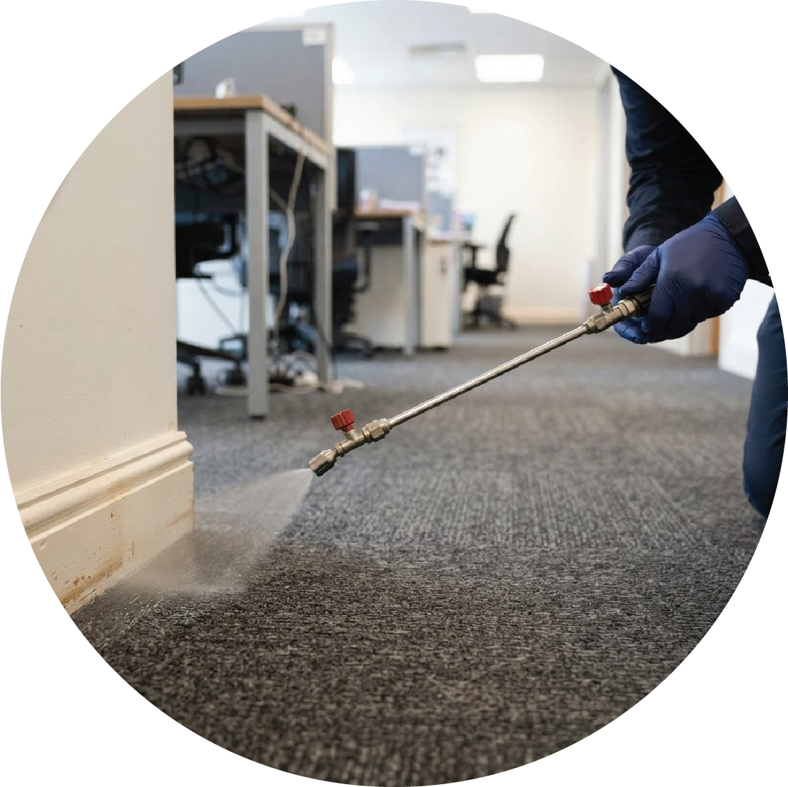 Pest control technician spraying treatment in a strata common area