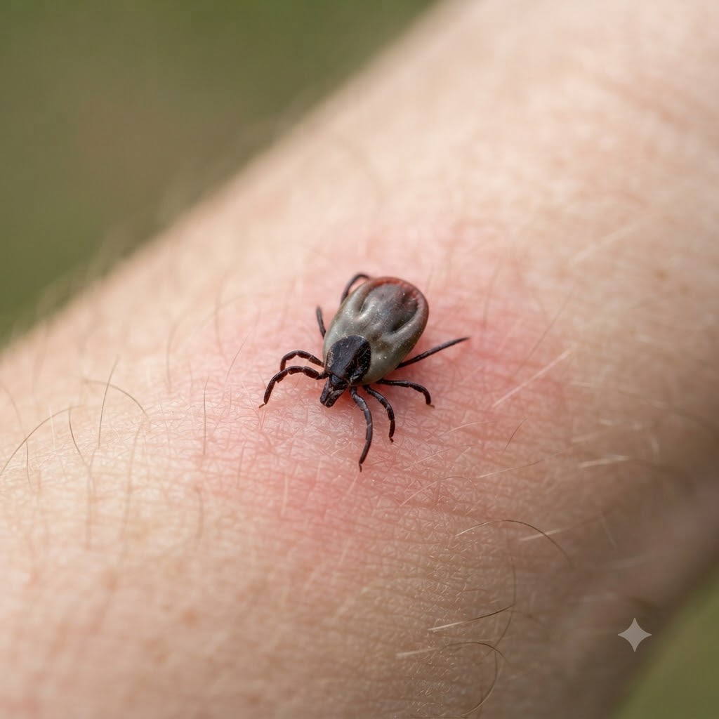 Close-up of a tick biting into human skin