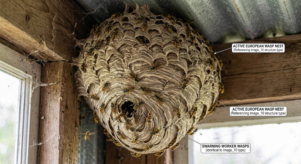 Large active European wasp nest under a roof eave with swarming worker wasps