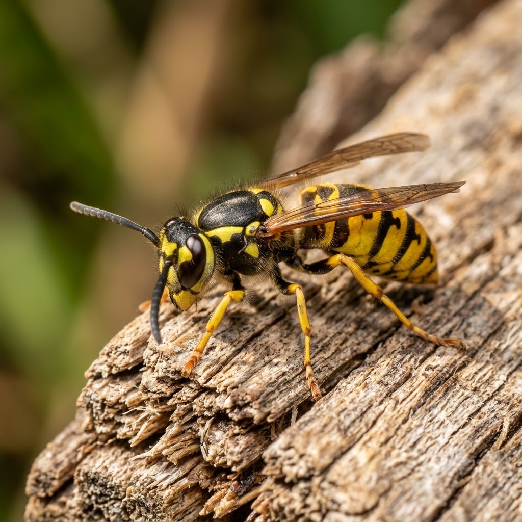 Close-up of a European wasp perched on weathered wood