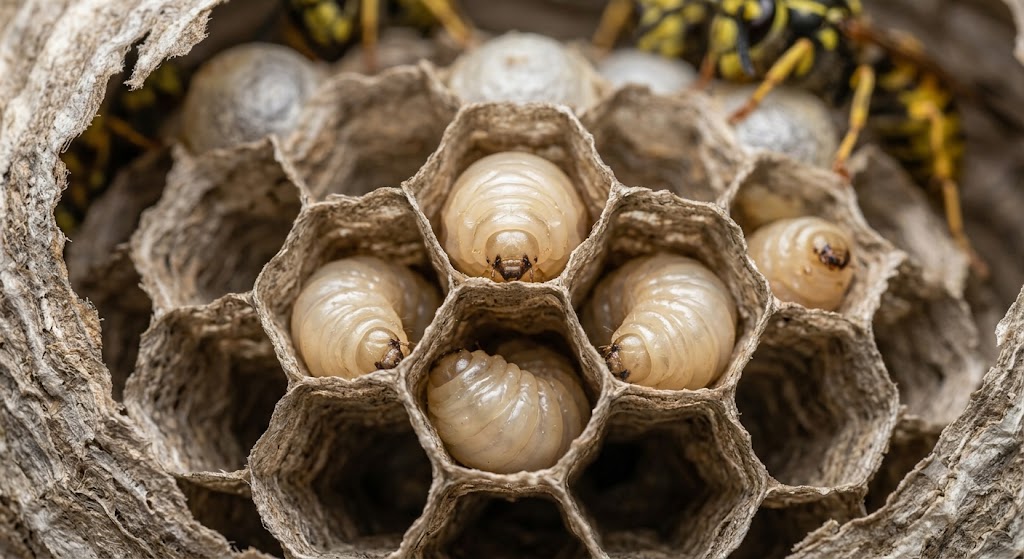 Close-up of a wasp nest interior showing developing larvae in paper cells