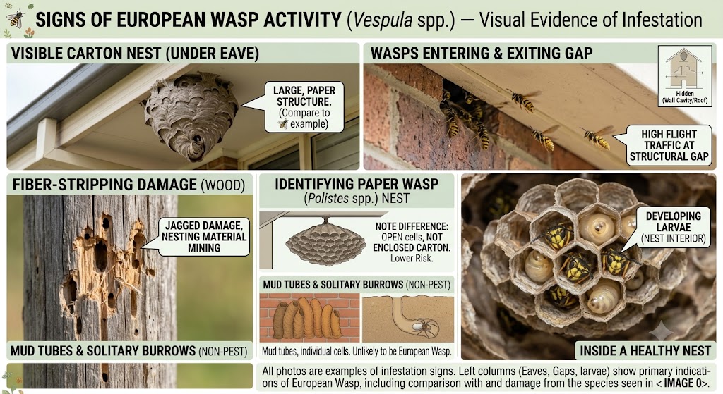Signs of European wasp activity including a carton nest under an eave, wasps entering a wall gap, and nesting damage