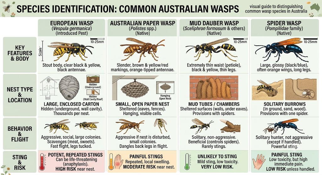 Species identification guide comparing European wasp, Australian paper wasp, mud dauber wasp, and spider wasp